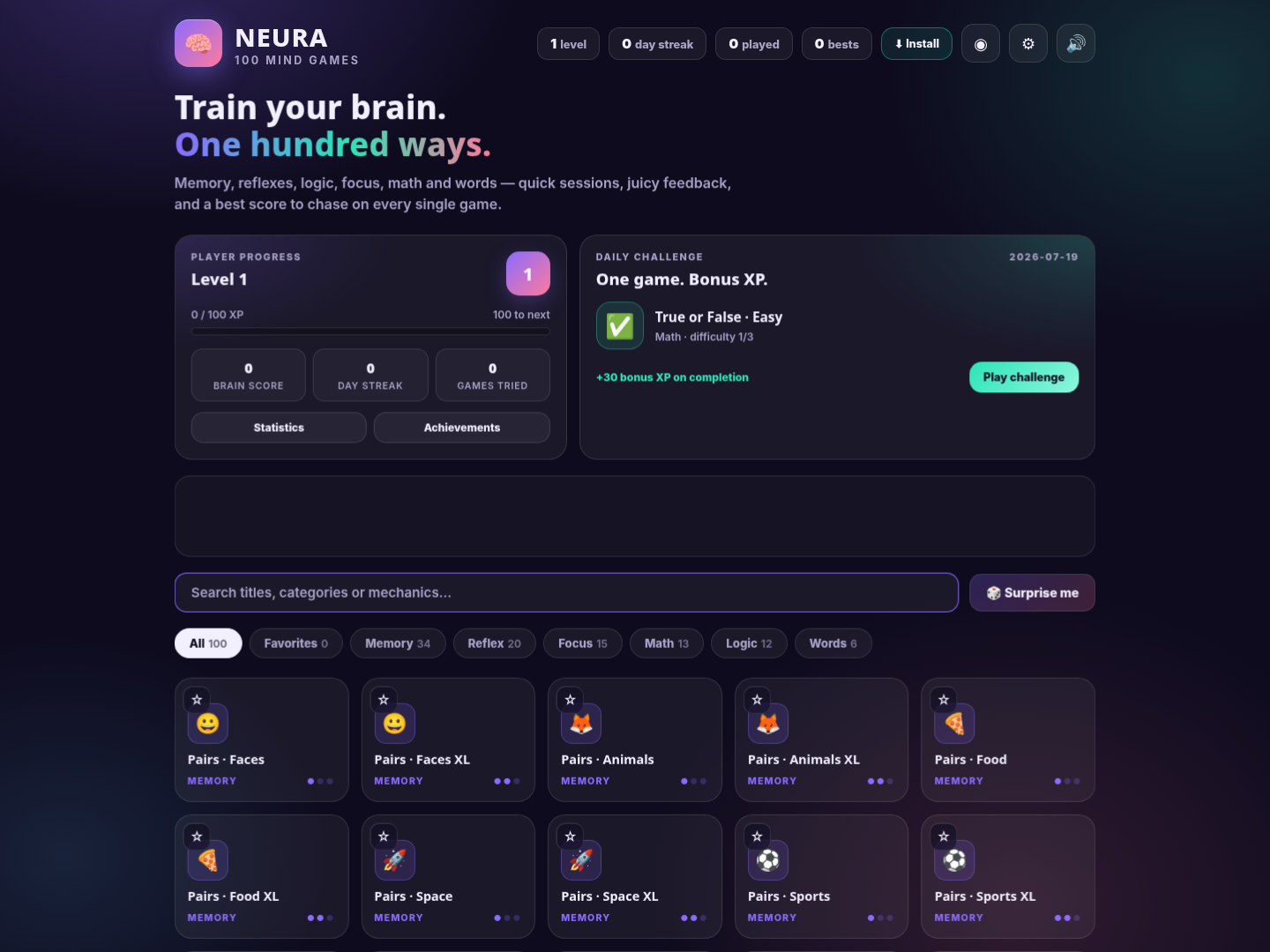NEURA player dashboard and brain-game library